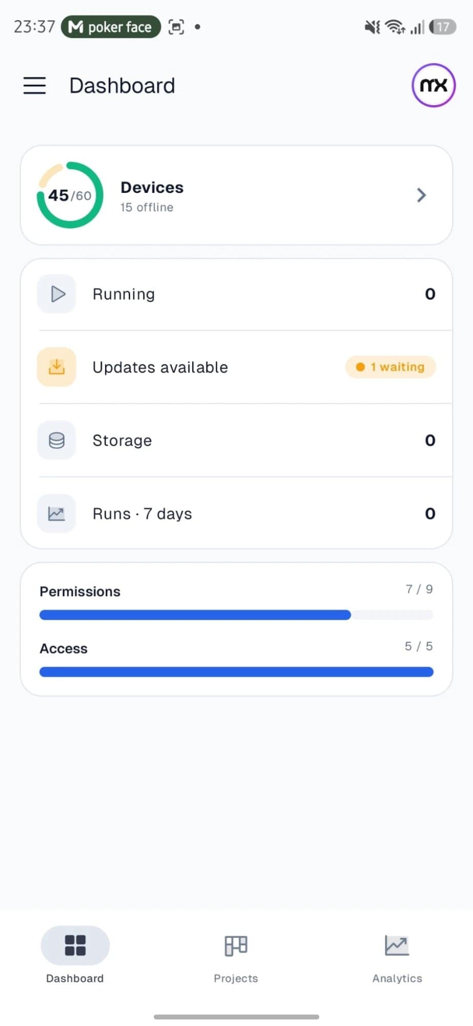 The MationX Client dashboard on a phone: device fleet status, pending updates, runs and granted permissions