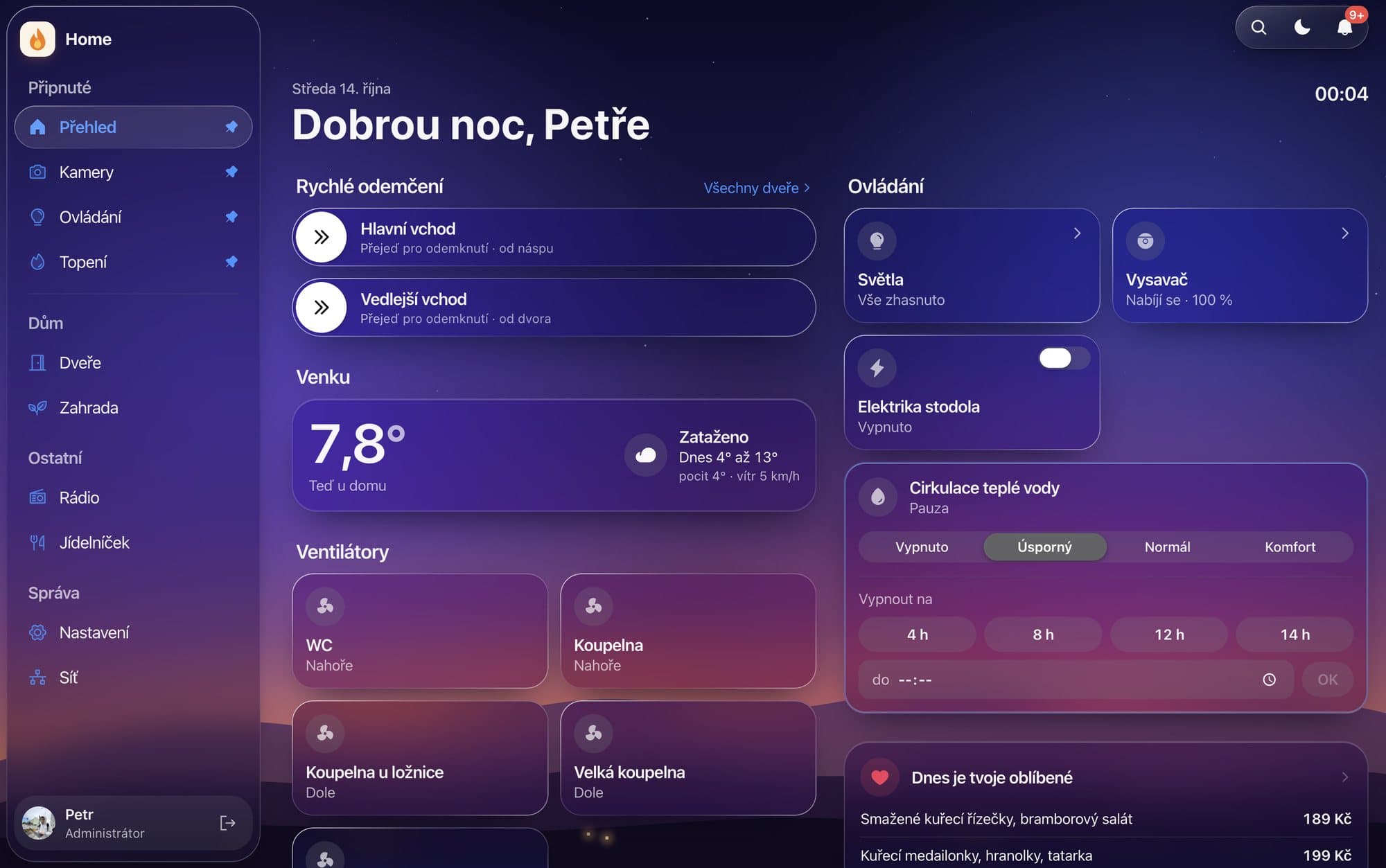 Overview: door unlock, weather, ventilation and hot-water circulation (camera hidden for privacy)