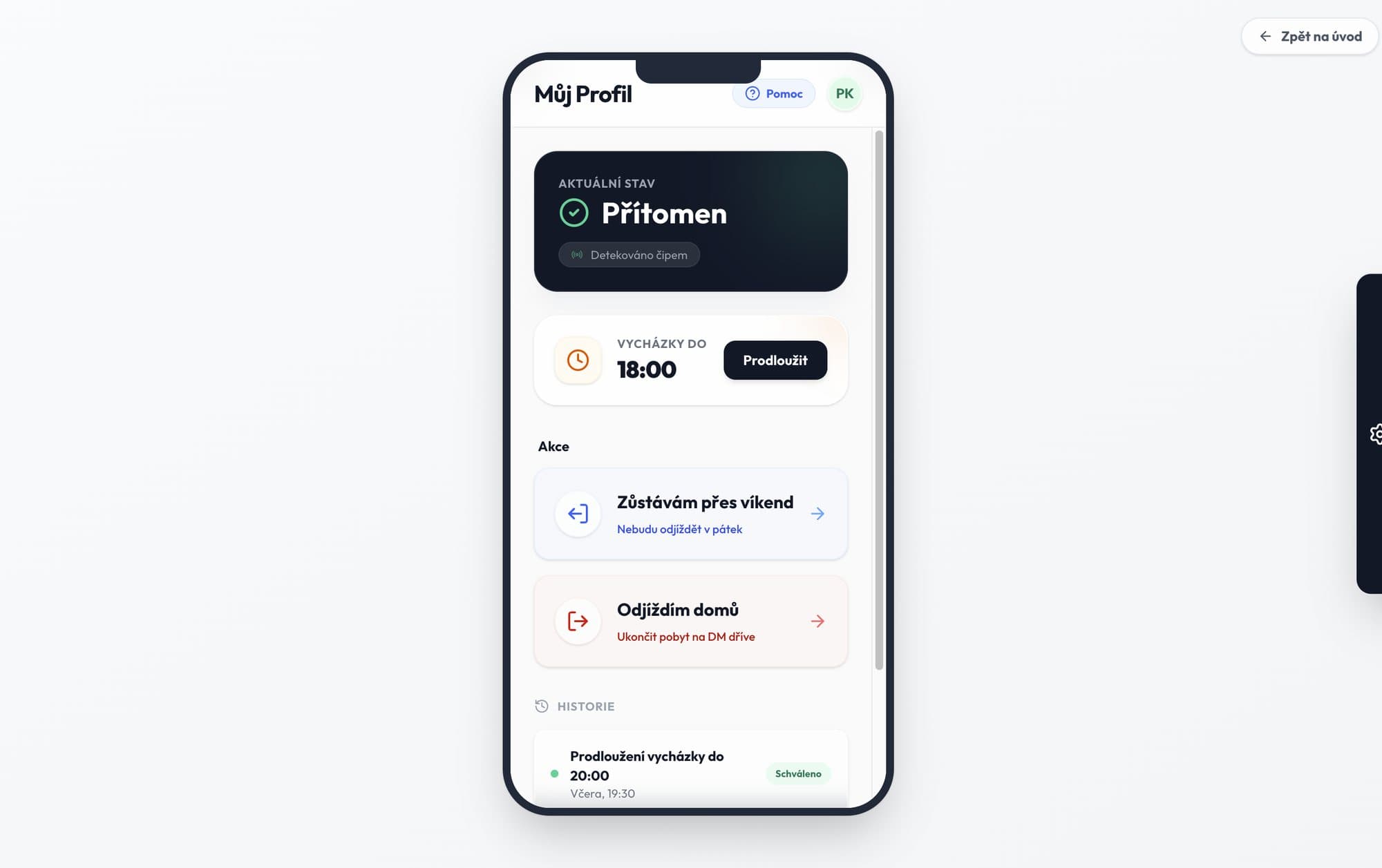 Student app demo: current status, curfew extension and weekend sign-out