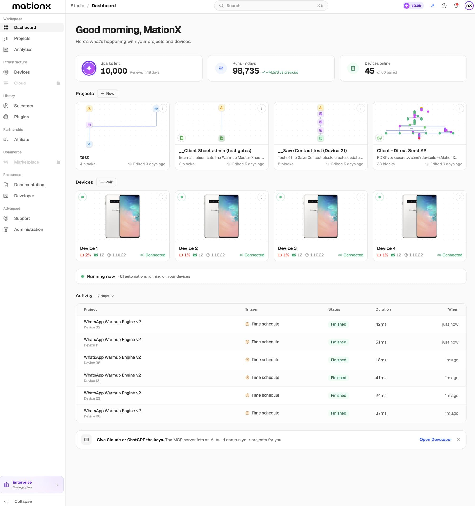 Dashboard: 98,735 runs in 7 days, 45 of 60 phones online, 81 automations running