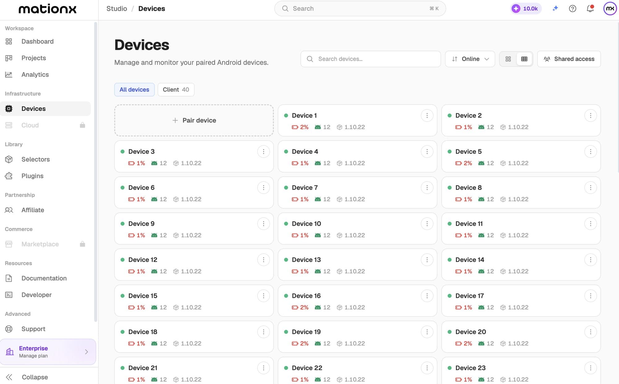 Devices: a client fleet of 40 phones, all online, on the same client version