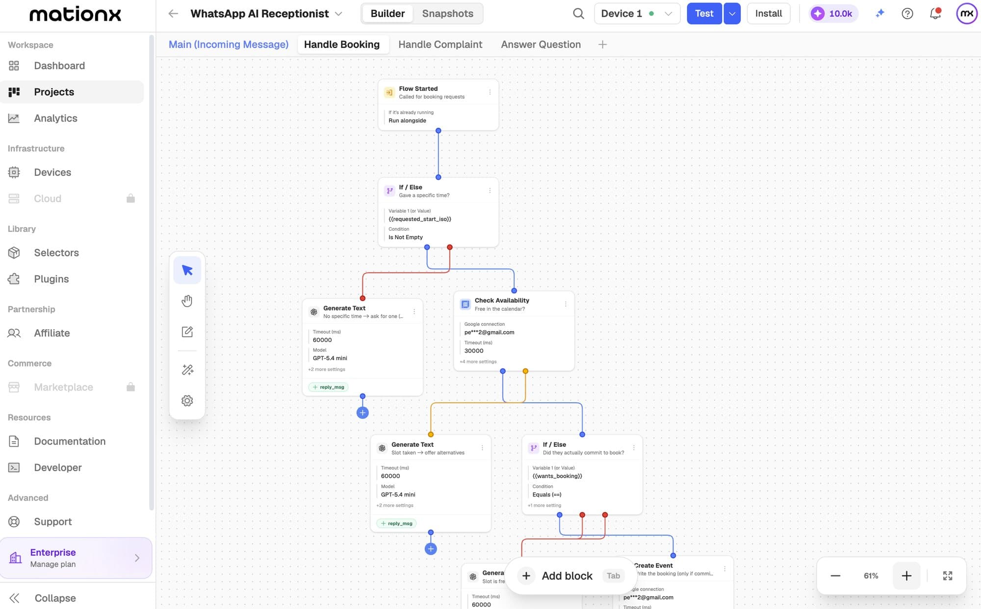 An AI WhatsApp receptionist, booking sub-flow: checks the calendar, answers with AI, creates the event