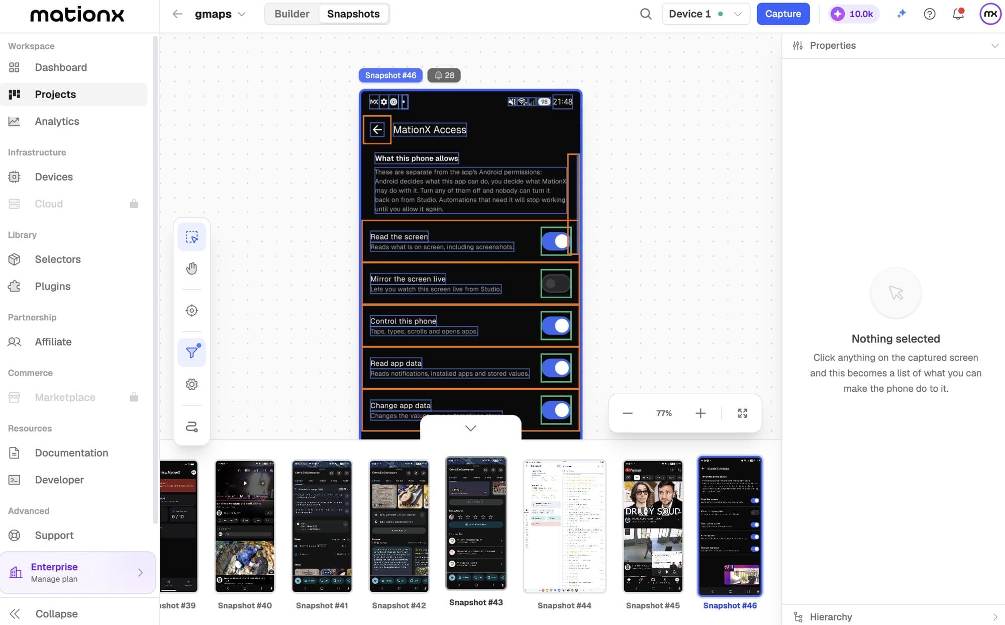 Snapshots: a captured phone screen with every element outlined, ready to become a selector