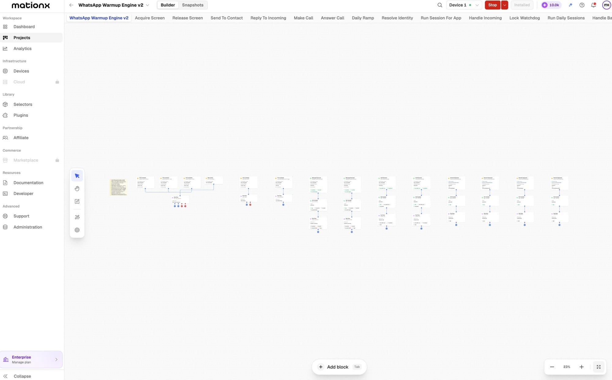 A 34-block engine split into ten reusable flows, one per tab